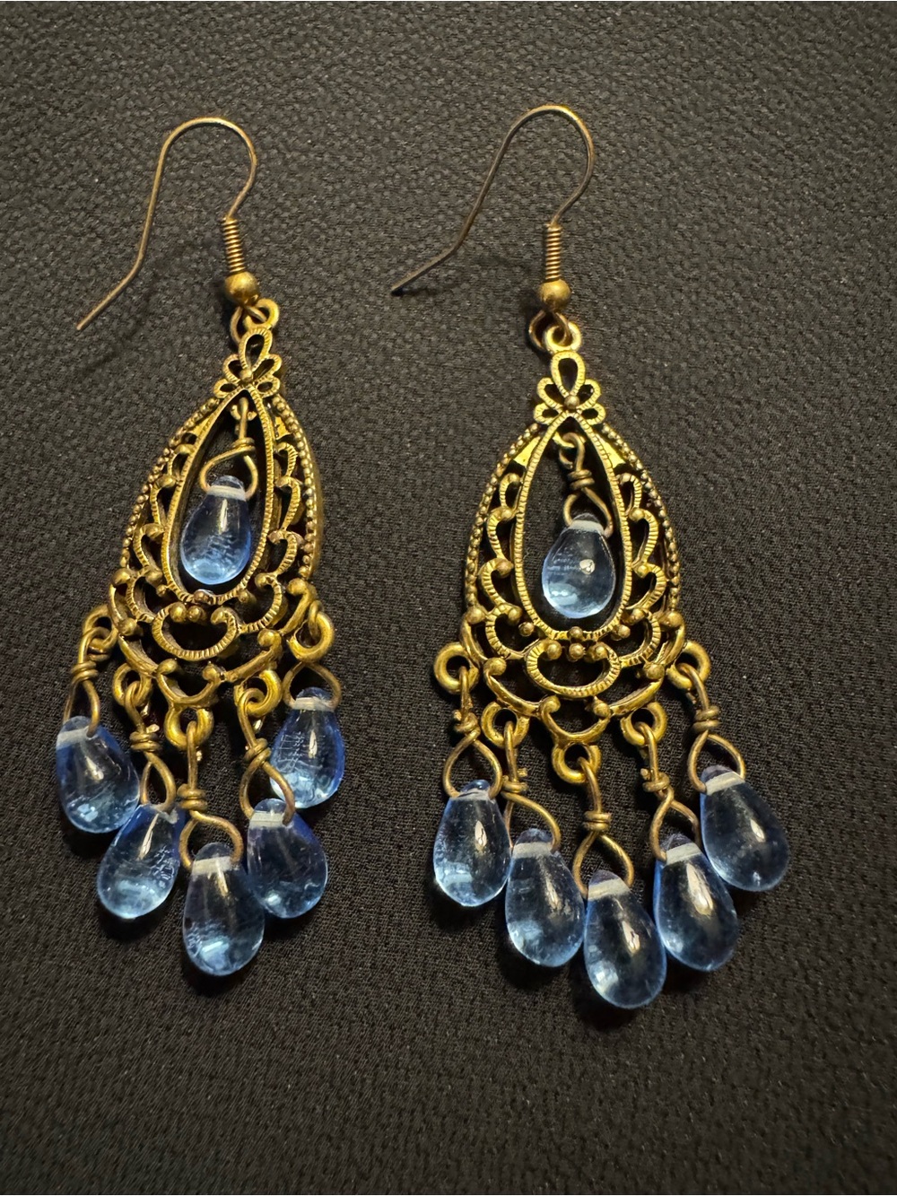 Vintage Style Brass Filigree Blue Glass Chandelier Earrings 3”